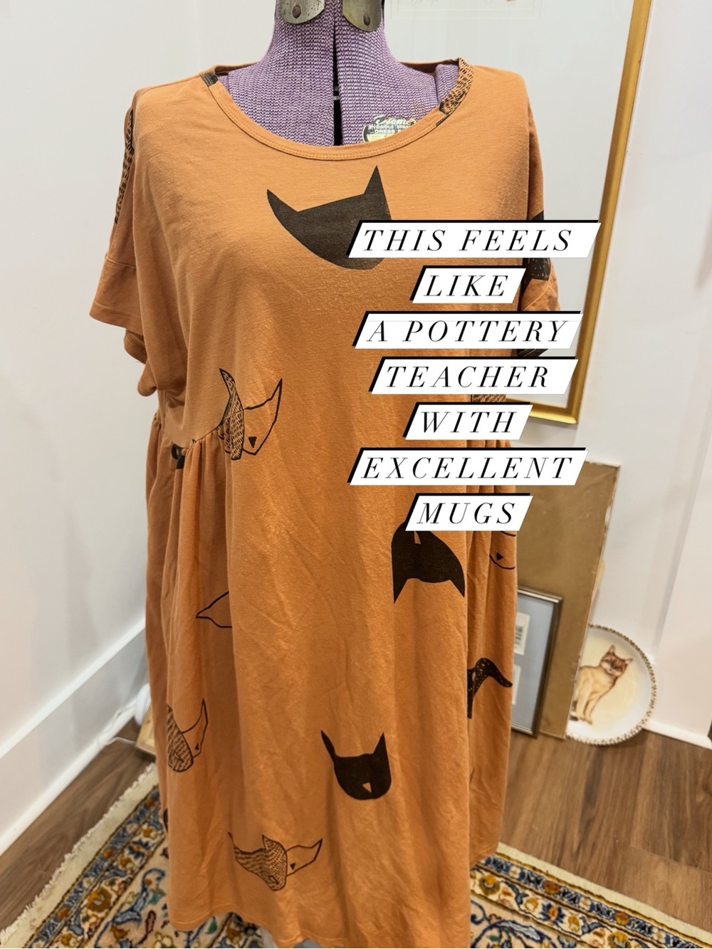 Whimsical Soft Cat Print Pet Dress - Rust Orange